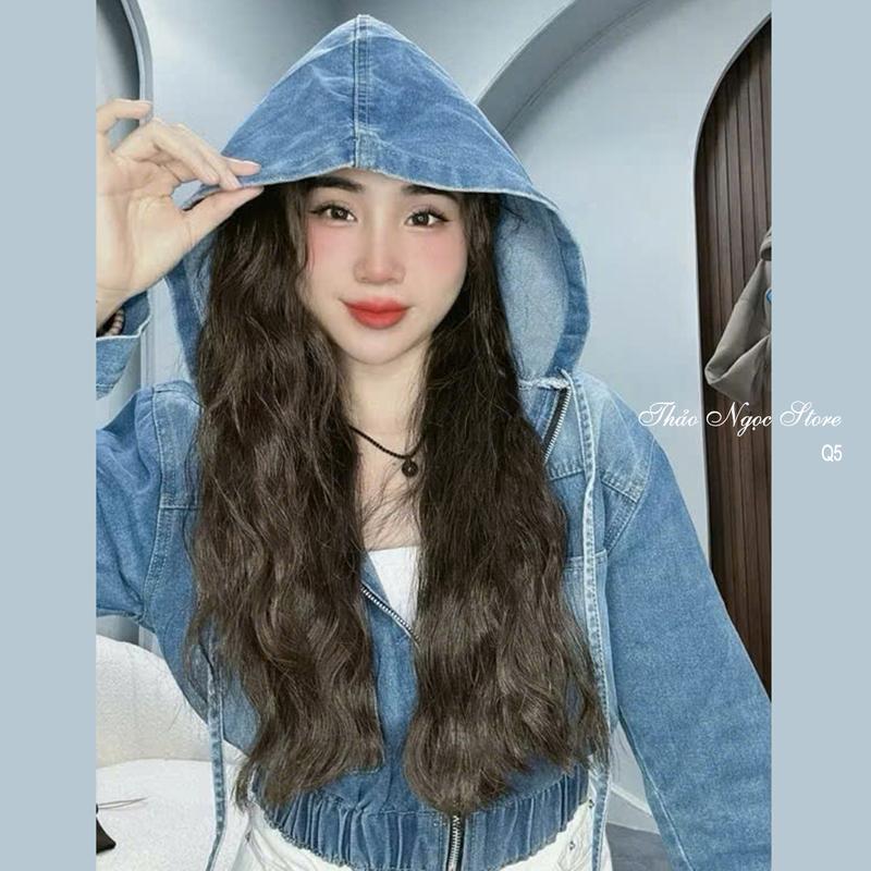 Áo khoác jean nữ croptop có mũ tay dài line bo dây khóa kéo! THẢO NGỌC STORE
