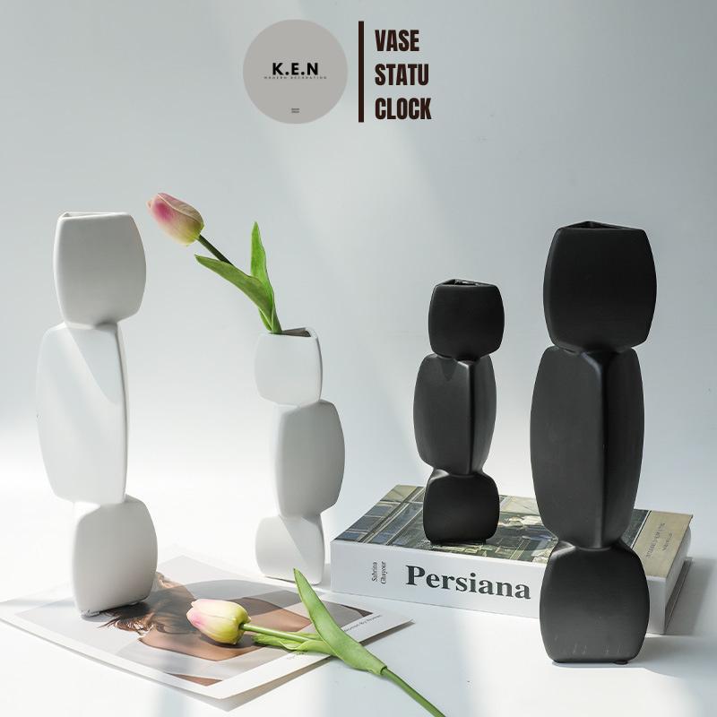  Bình hoa decor nghệ thuật lọ hoa decor đẹp mắt phong cách bắc âu trang trí nội thất quà tặng kích thước 4x2x21 chất liệu gốm màu sắc đen trắng KENDECOR 