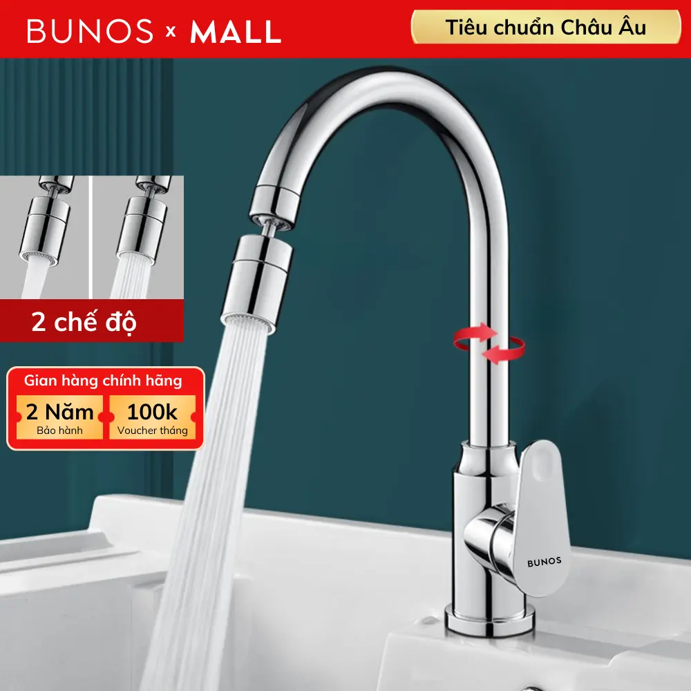 BUNOS Vòi rửa chén nóng lạnh chất liệu thép không gỉ, 2 chế đô phun nước
