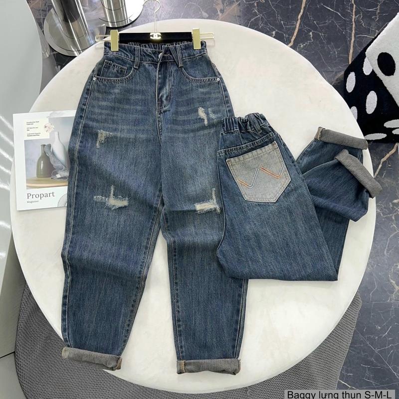 |BG019| - Quần jean baggy nữ lưng thun xước nhẹ Có Túi Pants