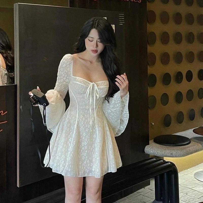 Đầm nư thiết kế tay chuông dáng xòe, đầm dự tiệc họa tiết hoa mai nhí thanh lịch 1