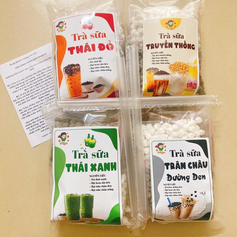 Combo 4 sét trà sữa tự nấu được 60 ly to ,đường đen, truyền thống ,thái xanh, thái đỏ, tặng 400g đường đen và 10 ống hút 4 túi lọc trà