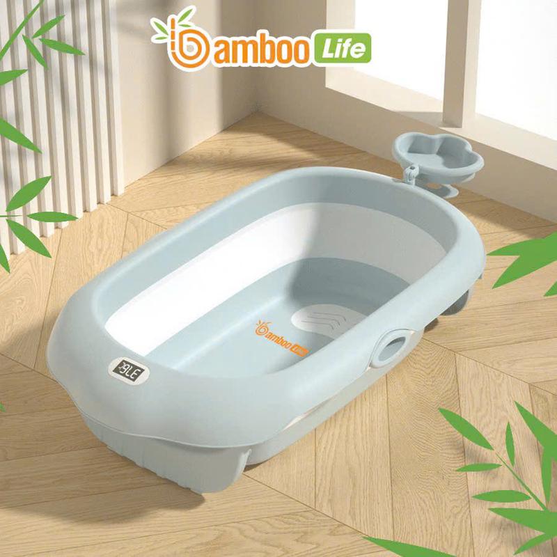 Chậu tắm gấp gọn cho bé Bamboo Life thau tắm, bồn tắm cho trẻ sơ sinh có cảm biến nhiệt độ kích thước lớn bé ngồi nằm thoải mái  có thể cài thêm lót  bể tắm đứng, thuyền tắm