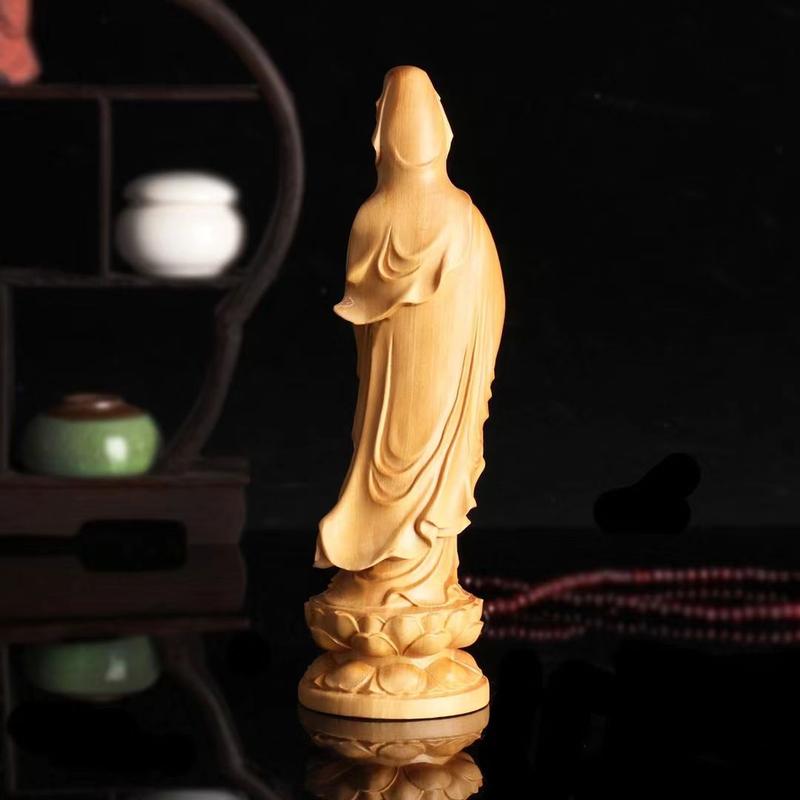 Product Introduction of Cliff Cypress Wood Carving Guanyin Buddha Statue Ornament Standing Statue Worship Household Solid Wood Guanyin Smiling Face Guanyin 4