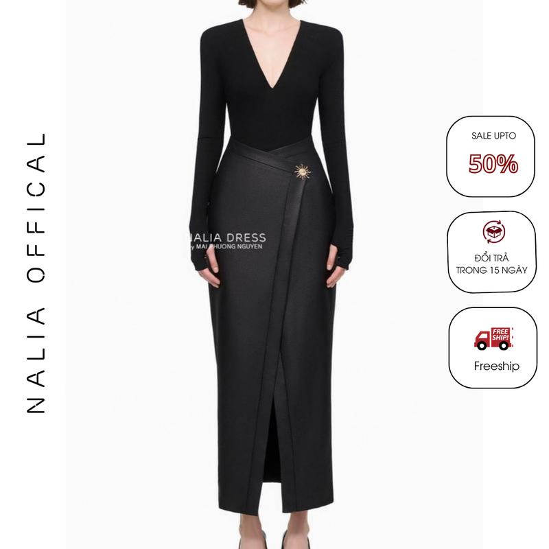 F NALIA MELDA - Set áo thun cổ V tay áo sỏ ngón cái phối chân váy da mặt lì cao cấp chân váy khoá kéo ngang sườn có lót chân váy sâu ko lo lộ hở phần vạt chéo may liền. MUA CẢ SET TẶNG KÈM TAG CÀI