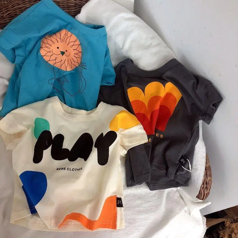 Áo Thun Cotton ngắn Tay Cho Trẻ Em, Hàng Mới Về Mùa Hè, Cho Bé Trai Và Bé Gái, Thiết Kế Hoạt Hình, Cổ Tròn, Thoải Mái, Phong Cách Cổ Điển Tay Lửng Áo, Áo Trên