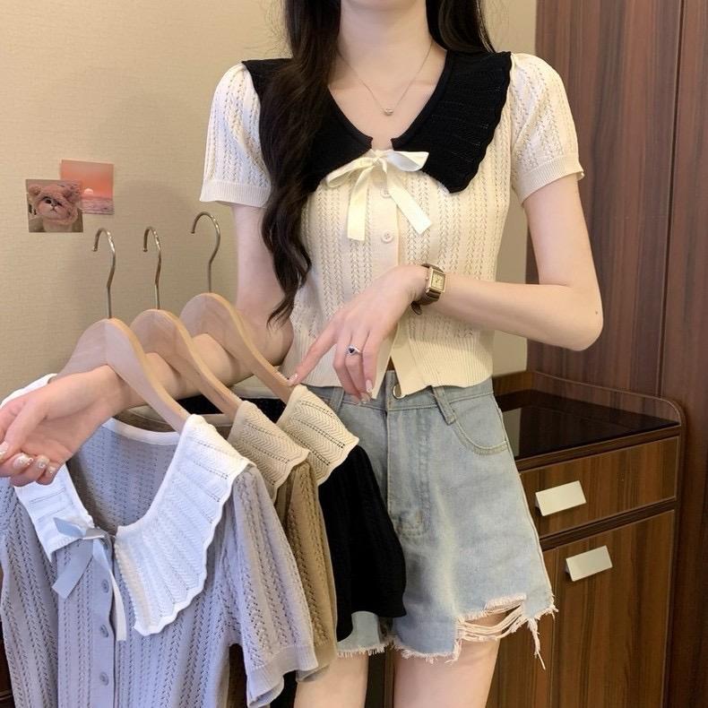  ￼Áo polo dệt kim croptop nữ tay ngắn kiểu sơ mi cổ bèo thắt nơ Áo cardigan tay bồng len mongtoghi QC 