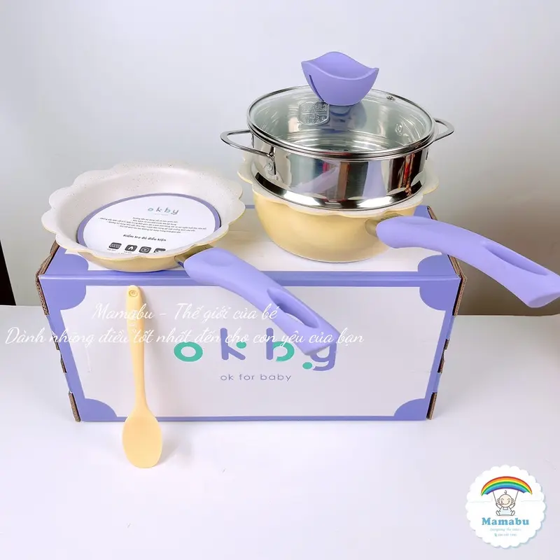( Sẵn Hàng ) Bộ Nồi Chảo Đá Hoa Cho Bé Ăn Dặm Cao Cấp Kèm Xửng Hấp Chống Dính Dùng Được Bếp Ga Từ Hồng Ngoại Mamabu 7