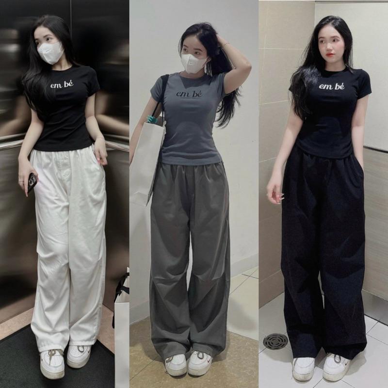  Quần ống rộng cạp chun thun lưng cao có túi màu Đen Trắng Ghi dáng dài chất dù Quần tây ống suông nữ Đi học Đứng dáng Ong Women Pants 