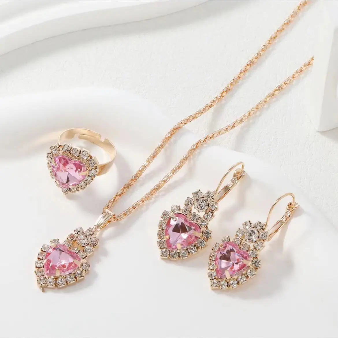 European and American New Diamond Love Pendant Necklace Earrings Wedding Banquet All-Match Jewelry Three-Piece Set Jewelry Suit