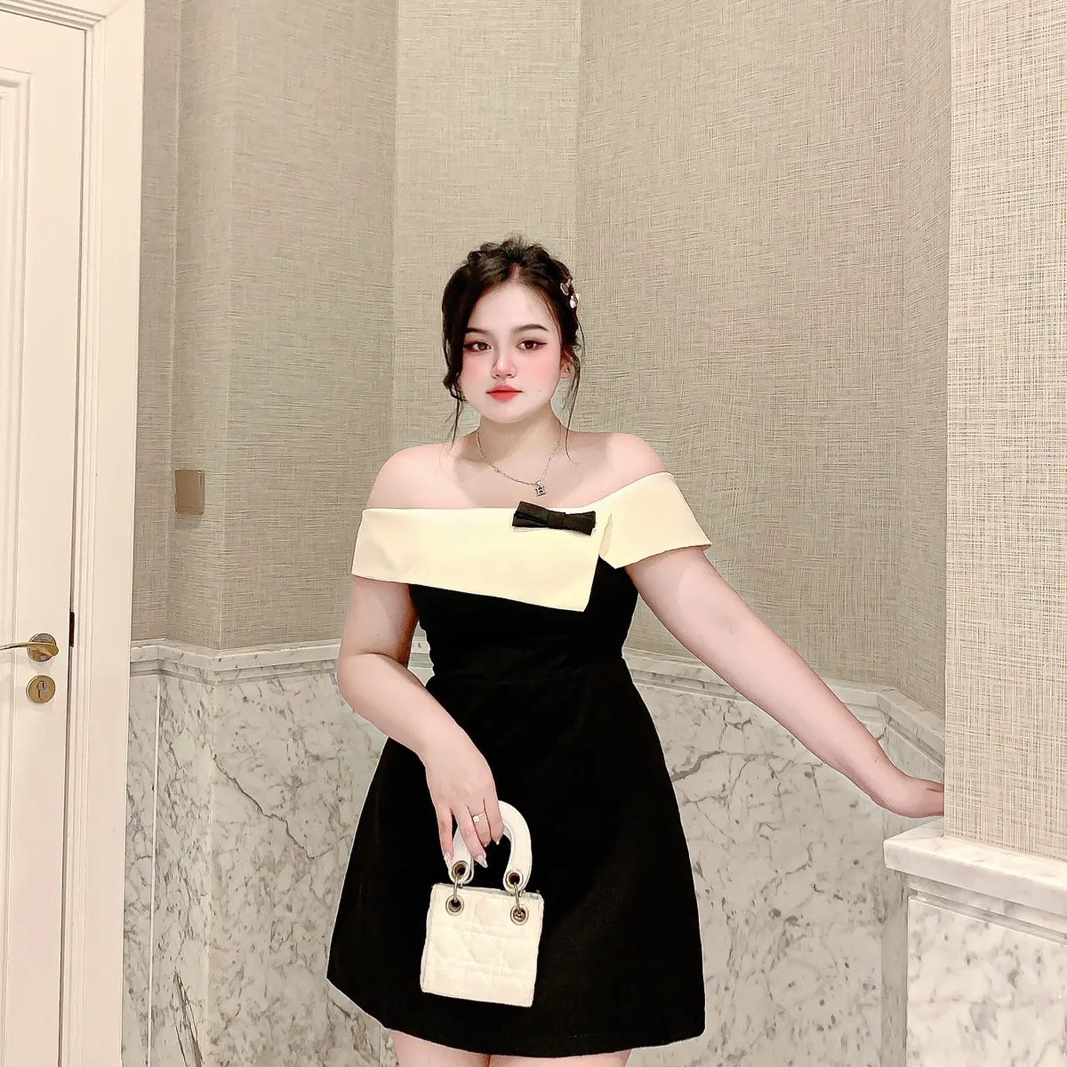 Đầm dự tiệc bẹt vai phối nơ bigsize 60 đến 90 ký