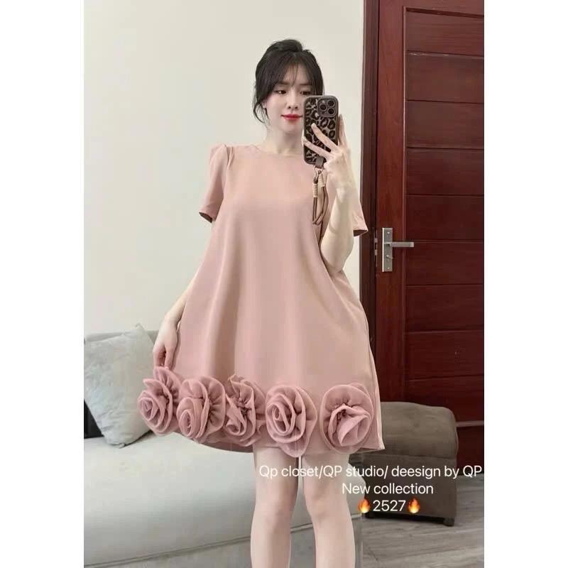  Váy bầu XINH đầm bầu thiết kế dáng babydoll cổ tròn tay ngắn thiết kế trang trí nơ cuốn chân váy nổi bật sanh màu 