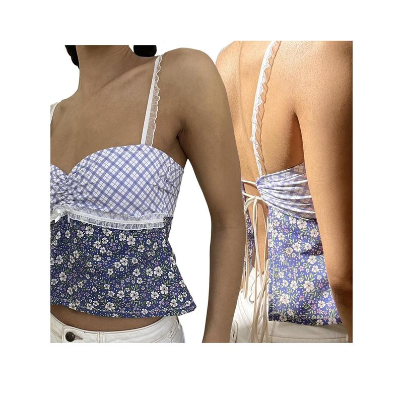 coat, Women Plaid Floral Print Camisoles Lace Trim Sleeveless Sling Tank Tops Summer Slim Fit Vests Crop Tops Streetwear 6