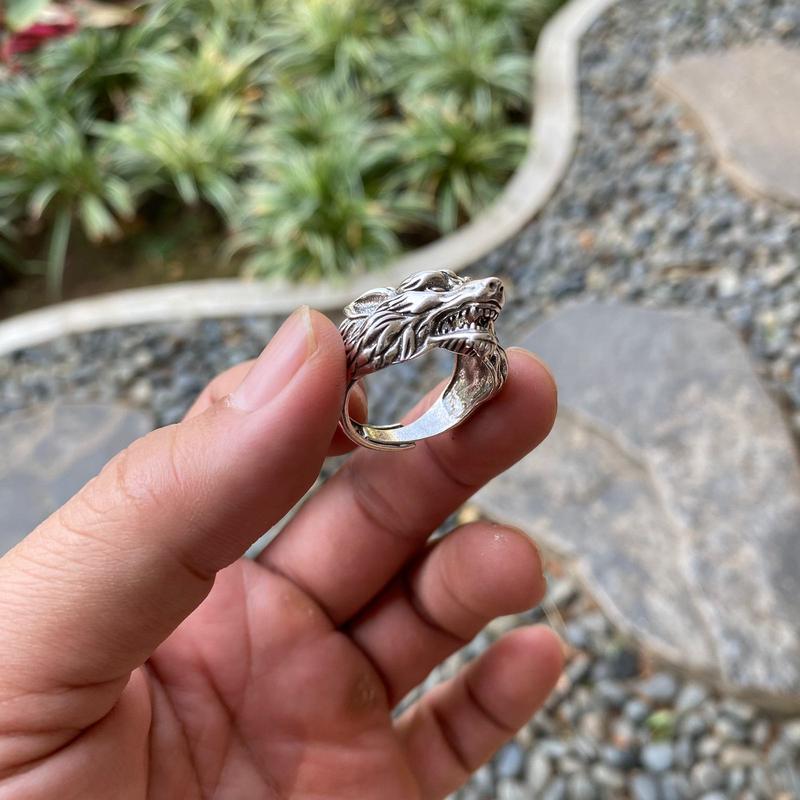 Cincin Kepala Serigala Bertaring /  Cincin Pria VIKING Punk Unik Keren / Adjustable Nordic Wolf Head Ring For Men Resizeable Import / Cincin Serigala Laki Laki / Cincin Titanium Stainless Steel Anti Karat / Cincin Metal Rock N Roll Hewan Cowok Gaul Impor 7
