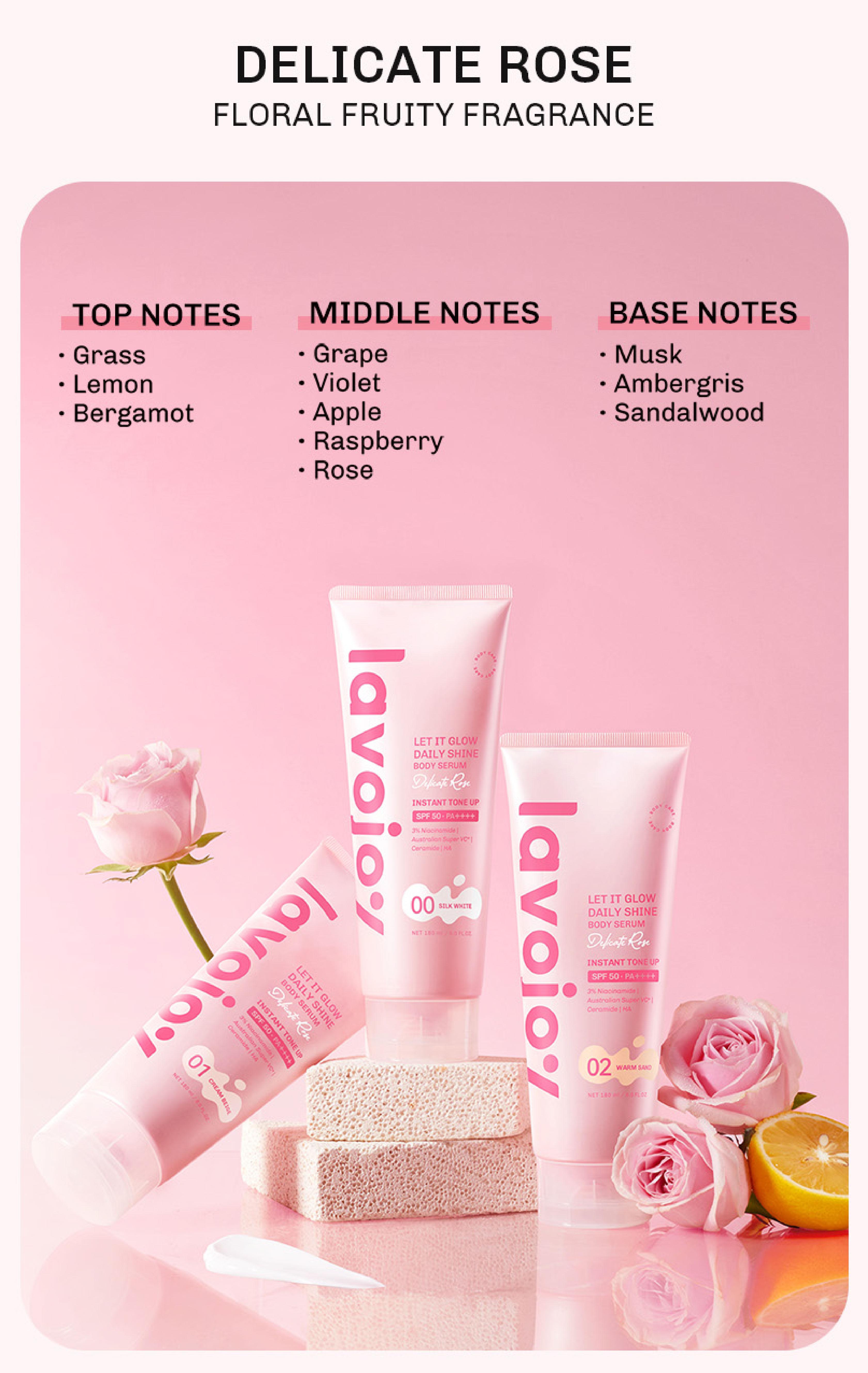 Lavojoy Let It Glow Daily Shine Body Serum Instant Tone Up Delicate Rose with SPF 50PA++++ | Body Serum untuk Perlindungan Sinar UV | Mencerahkan Seketika & Melembapkan Kulit dengan 3% Niacinamide + Australian Super VC + Ceramide Lavojoy Let It Glow Daily Shine Body Serum Instant Tone Up Delicate Rose with SPF 50PA++++ | Body Serum untuk Perlindungan Sinar UV | Mencerahkan Seketika & Melembapkan Kulit dengan 3% Niacinamide + Australian Super VC + Ceramide
