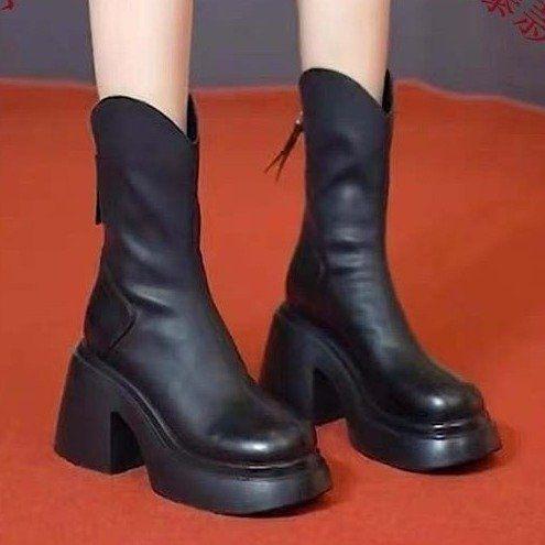 Product Introduction of Booties Gót Chunky, Đế Xuồng, Bốt Martin Nữ, Hàng Mới Về Mùa Thu Và Mùa Đông Năm 2025, Phong Cách Hàn Quốc, Dễ Phối Đồ, Màu Nâu, Giày Cao Gót, Mũi Tròn, Bốt Giữa Bắp Chân, Dành Cho Nữ Shoes 8