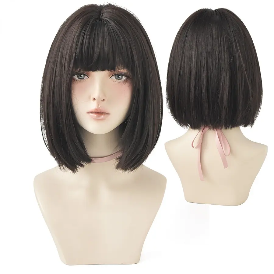 Wig female short hair Korean BOBO head cute cartoon bangs round face girl with clavicle hair full headgear Bobo head