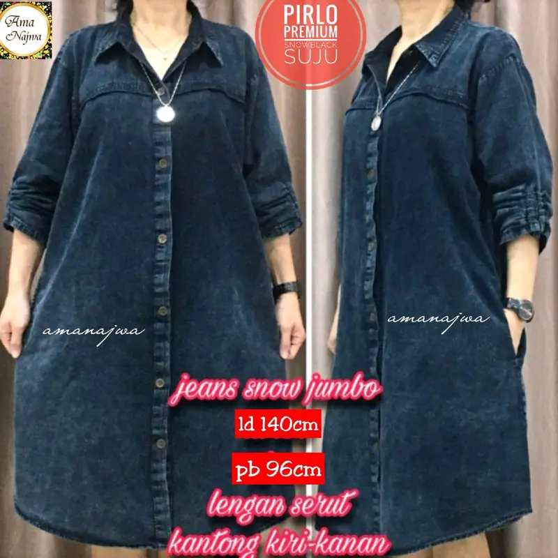pirlo tunik , aurel tunik TUNIK JEANS JUMBO LD 140 super jumbo || Pirlo tunik jumbo, aurel tunik jumbo , retree tunik jumbo by ama najwa bahan jeans premium kancing aktiv 0