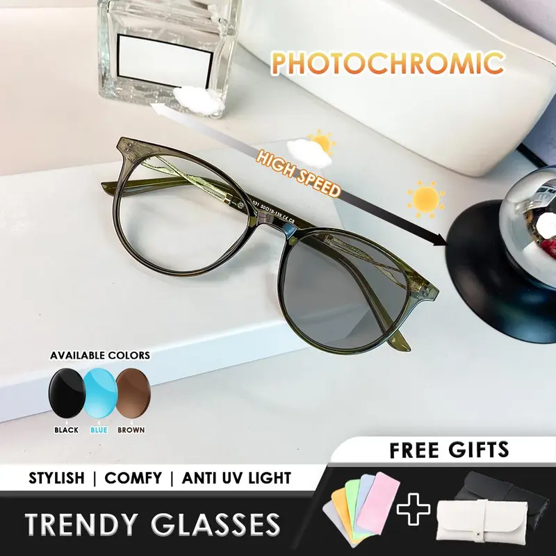 【Free Box & Lap】Kacamata Photocromic Anti Radiasi/ kacamata Minus Wanita Pria Cowok/ Elastik dan anti sinar Matahari Uv400 / Fotocromic Anti Sinar Kacamata Photochromic / glasses Optics Eyewear Myopia/ Kacamata minus Optik【COOLVISION】【COD】【G531】 0