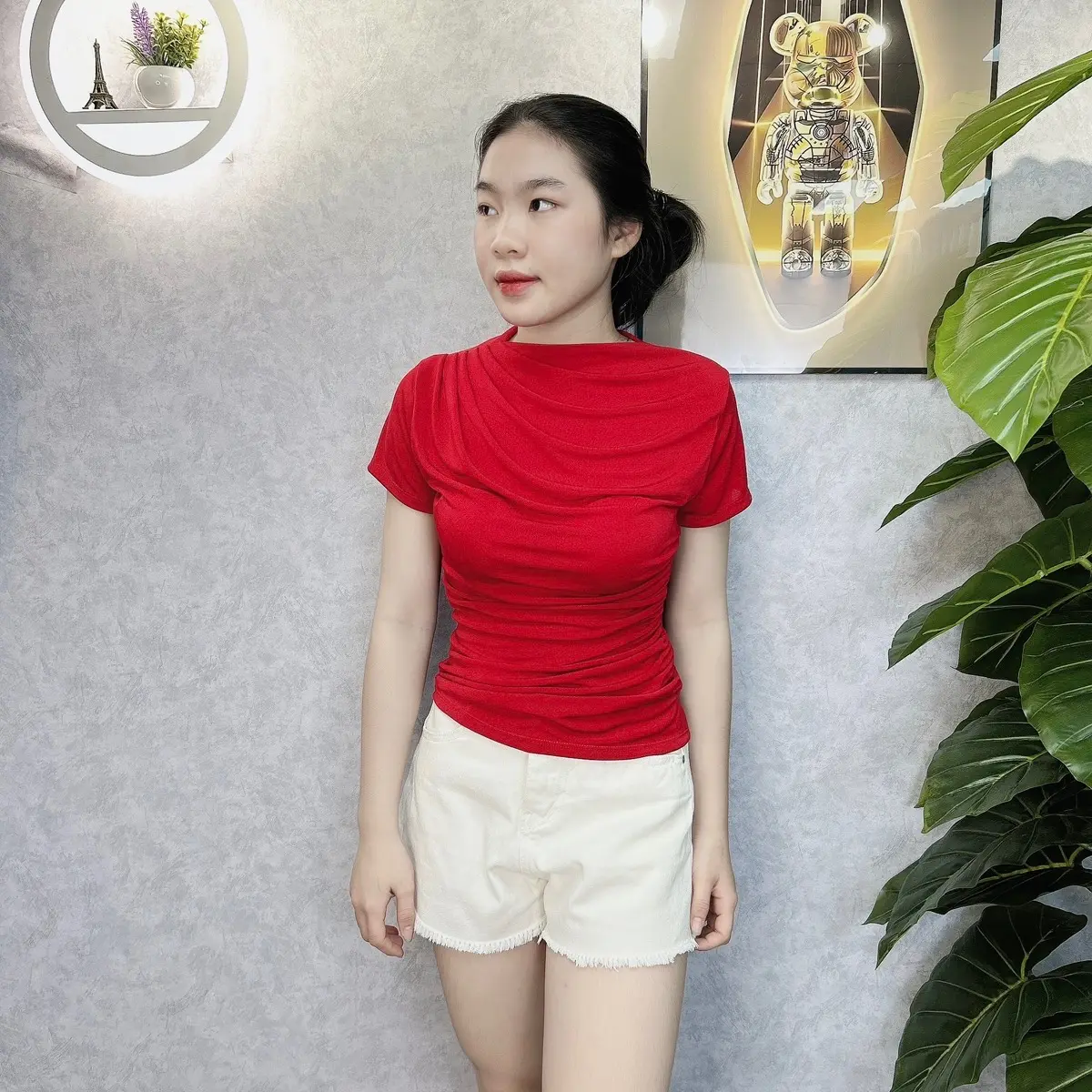 ÁO THUN NHŨ CỘC TAY CỔ ĐỔ NHÚN EO SANG CHẢNH