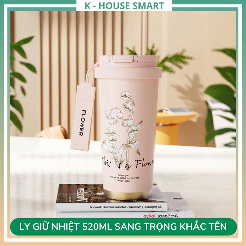 Ly cốc giữ nhiệt hoa Lily cao cấp 520ml INOX 316 khắc tên theo yêu cầu hai kiểu uống thông minh bảo vệ ống hút tặng kèm sticker 3D và cọ ống hút