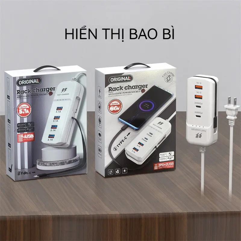Ổ cắm sạc điện thoại  2 cổng sạc  PD + 2 cổng usb 4