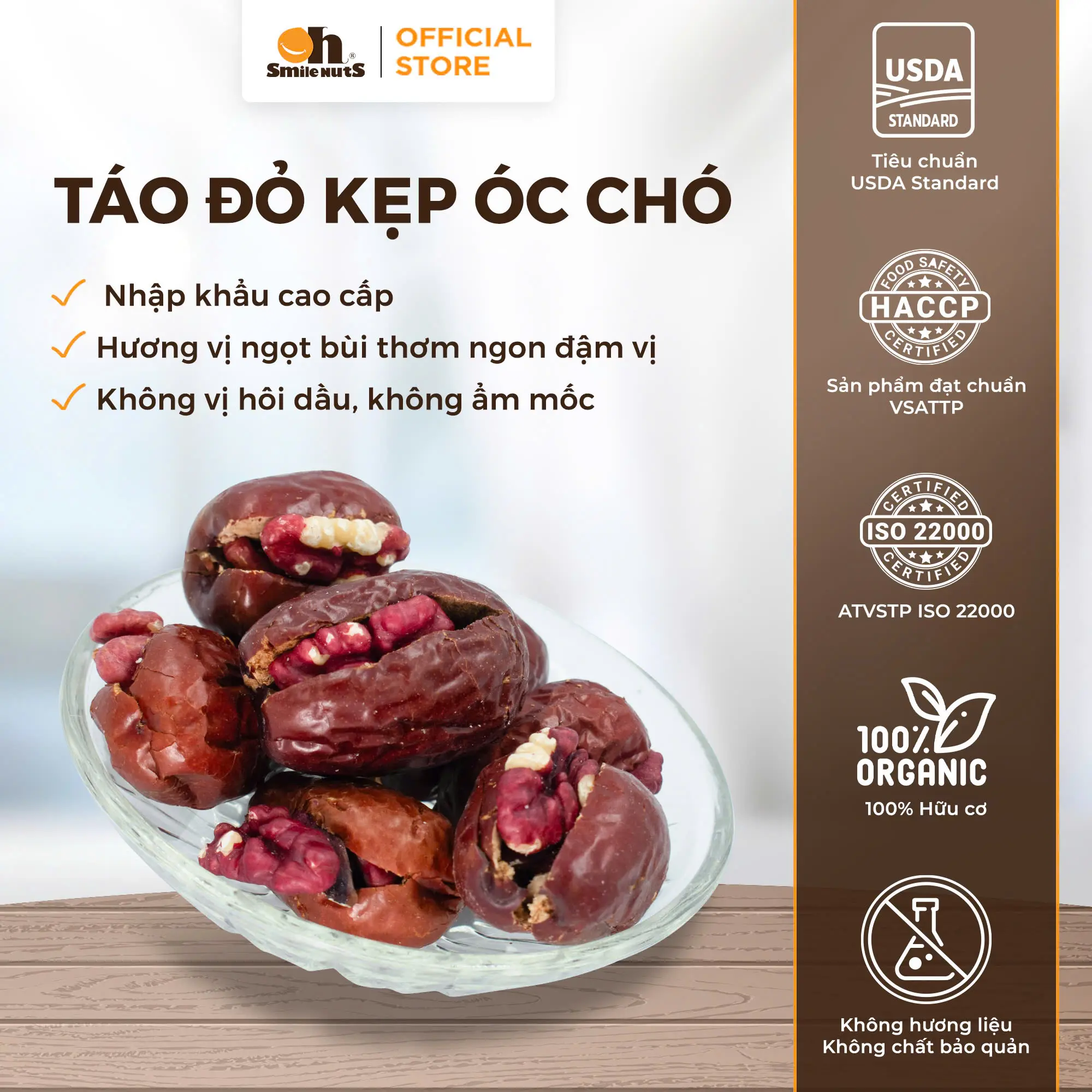 Táo Đỏ Kẹp Óc Chó Đỏ Oh Smile Nuts nhập khẩu - Táo đỏ Tân Cương Loại 1 kết hợp kẹp Óc Chó Đỏ Mỹ