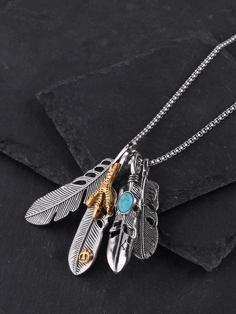 Product Introduction of Feather & Turquoise Texture Pendant Necklace for Men & Women, 2024 New Style Jewelry for Party, Daily Clothing Decor, Trendy Cool Female Accessories for Birthday Gift 0