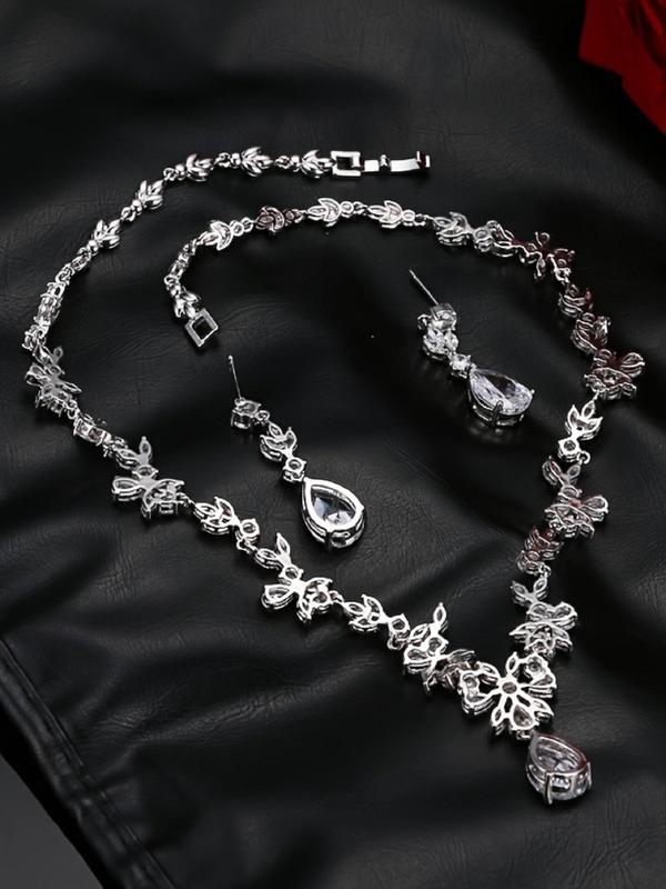 Elegant Water Drop Shaped Zircon Decorated Jewelry Set, Exquisite Trendy Necklace & Dangle Earrings, Chic Jewelry Set for Party & Wedding Decor 4