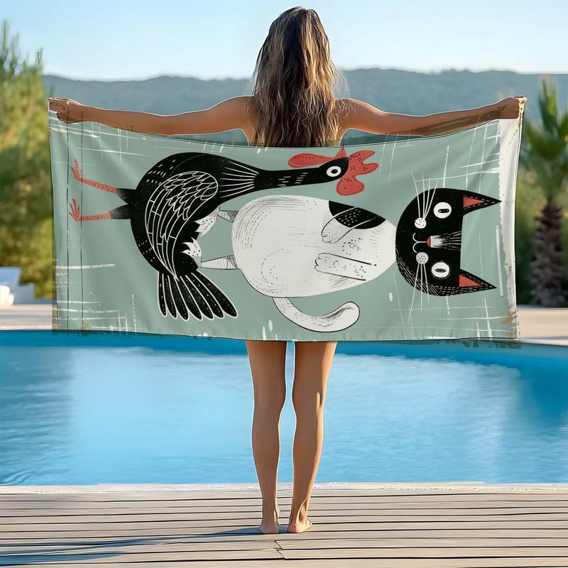 Product Introduction of Cat & Chicken Pattern Beach Towel, Soft Comfortable Lightweight Beach Towel, Water Absorbent Towel for Travel Swimming, Surfing, Camping 3