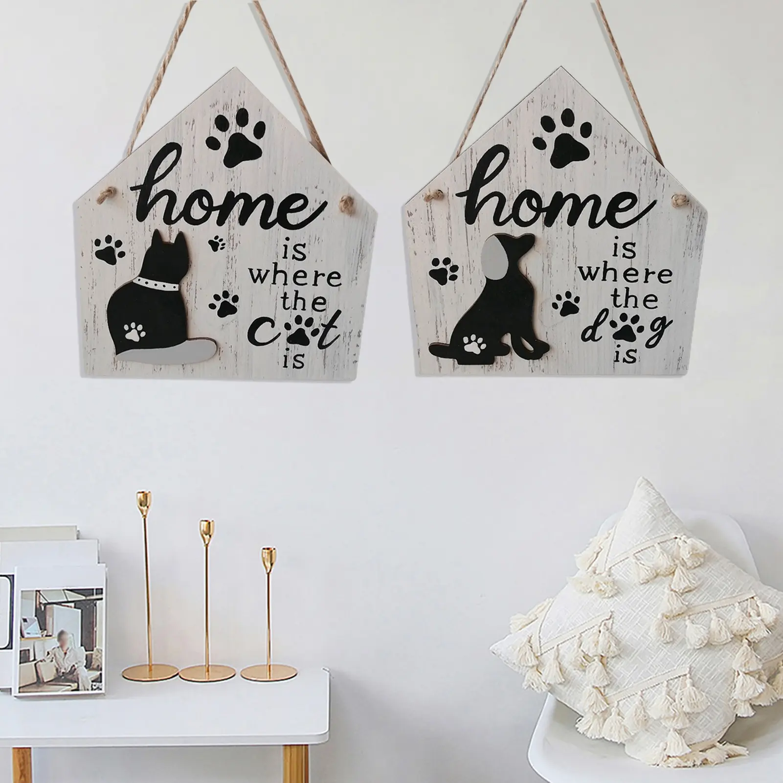 Pdinshz Wood Sign Cartoon Reusable Boxwood Eye-catching Dog Cat House Hanging Sign Garden Decoration