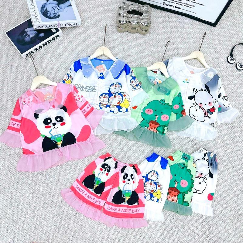 Set lụa viền bèo in 5D hình gấu hồng panda cho mẹ và bé siêu dễ thương mặc nhà hay đi chơi 4