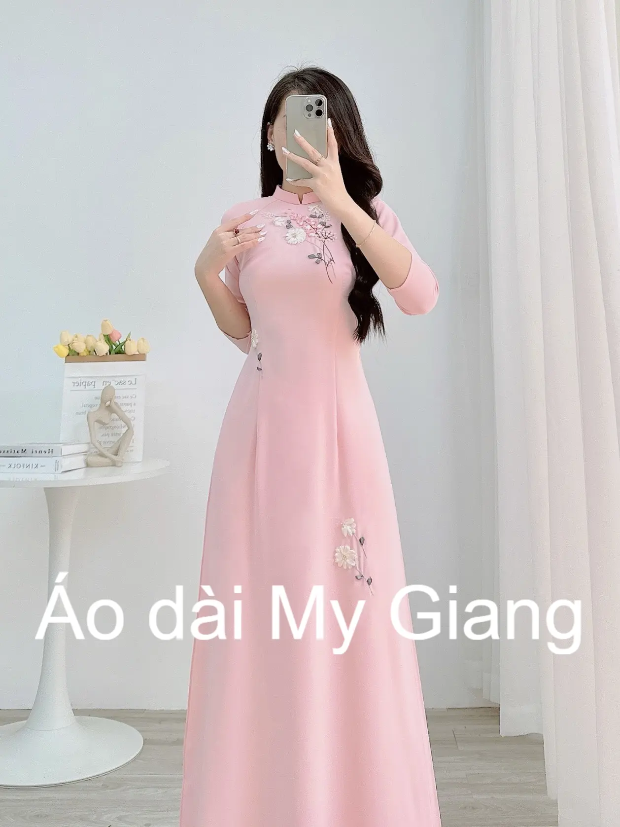 (T02) Bộ áo dài thêu hoa lụa mĩ cao cấp