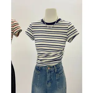 kaos round neck slim stripe lengan pendek atasan wanita kekinian korean style bahan adem terlaris