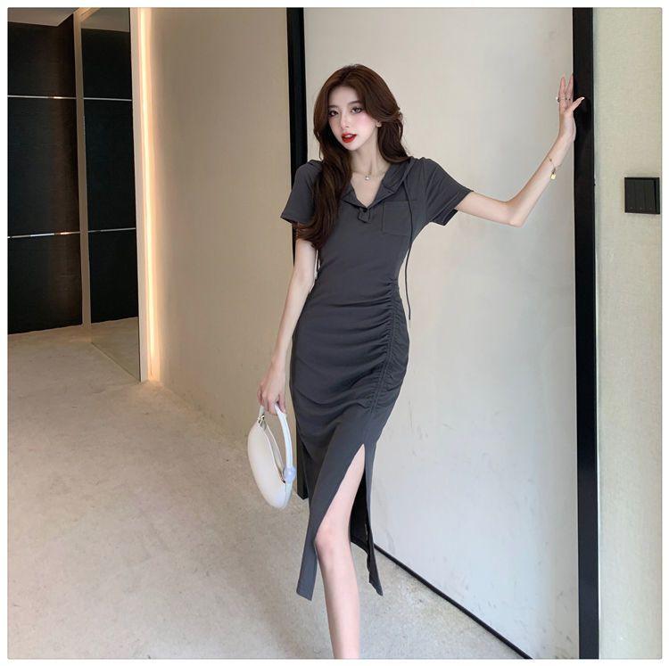 Product Introduction of Casual new style fashionable split mid length hooded skirt with women's summer temperament, waist cinched short sleeved drawstring dress 9