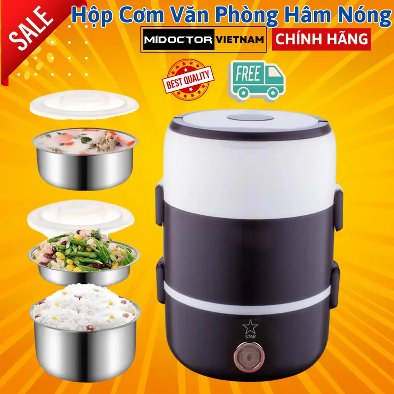 Cặp lồng hộp cơm giữ nhiệt 3 tầng inox, có lõi cắm điện hâm nóng thức ăn - Chính hãng miDoctor 1