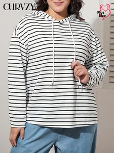 CURVZY Plus Size Colorblock Striped Print Drop Shoulder Hoodie, Fashion Casual Drawstring Hooded Sweatshirt for Daily Holiday Outdoor Wear, Women Clothing for Fall & Winter