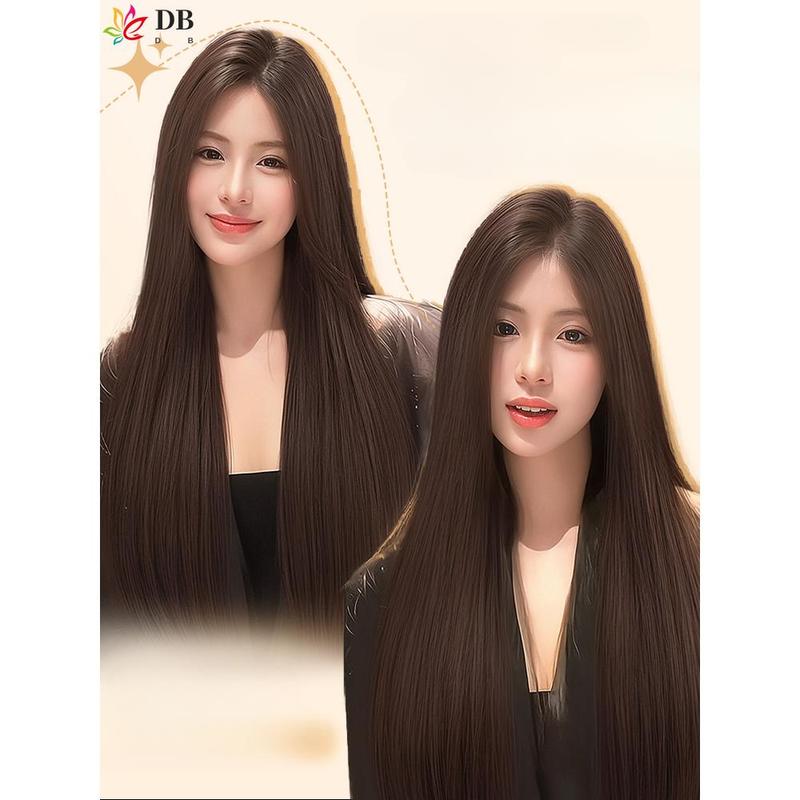 Wig renda dahi untuk wanita dengan rambut lurus panjang gaya rambut kepala penuh belahan tengah alami set wig kepala penuh lurus panjang hitam 1
