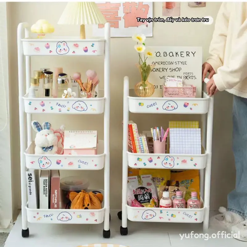 Kệ xe đẩy đựng đồ đa năng 3 tầng 4 tầng tặng kèm Sticker cute có bánh xe di chuyển đựng đồ ăn vặt, kệ spa bỉm sữa