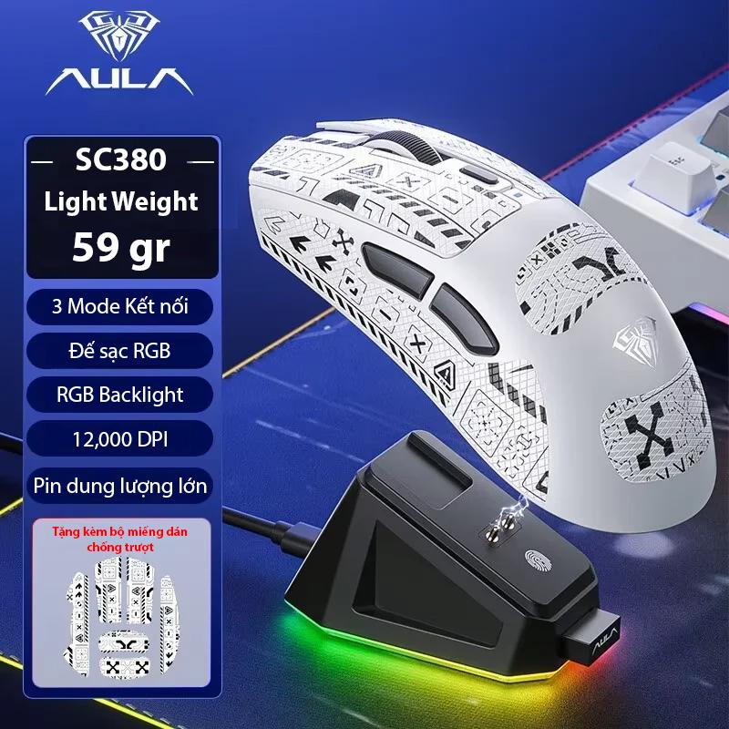   AULA  Chuột Gaming AULA SC380 - Siêu nhẹ chỉ 59 gr - 3 Mode kết nối có dock sạc - DPI 12000 mAh - Tùy chỉnh macro - BH 12T 