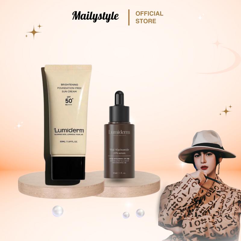  S28_COMBO LUMIDERM: 1 tuýp Kem chống nắng brightening foundation-free sun cream spf50 PA++++ tuýp 50ml  C08 + 1 Lọ serum Niacinamide 20% Lumiderm   E94  