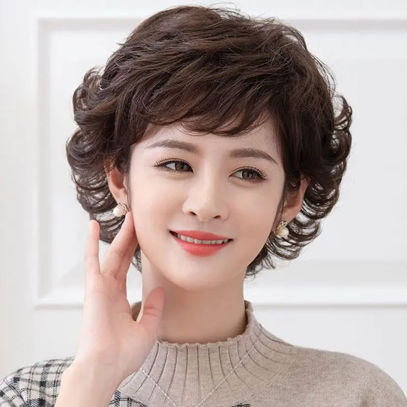 Wanita wig rambut pendek rambut keriting panjang sedang ibu berbulu alami gaya rambut keriting pendek helai rambut manusia nyata set wig setengah baya 0