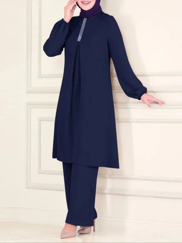 Women's Plain Contrast Sequin Bishop Sleeve Round Neck Top & Wide Leg Pants Islamic Set, Casual Long Sleeve Top & Trousers for Daily Wear, Ladies Islamic Clothing for All Seasons,abaya for women 1