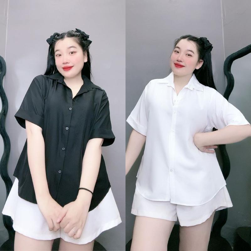 Áo Sơ Mi Nữ Bigsize Tay Ngắn Kiểu Xẻ Tà Lưng Phối Cúc Dễ Thương Chất Vải Lụa Mềm Đơn Giản Thanh Lịch - AT10 Women Top