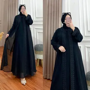 Zilla Gamis Renda Hitam Putih Ceruty Babydol Gaun Pengajian