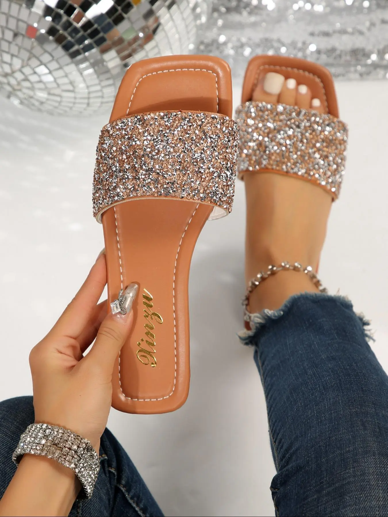 Women's Rhinestone Decor Slip on Sandals, Casual Square Toe Slide Sandals for Beach, Sandals for Women & Girls, Summer Walking Shoes, Footwear