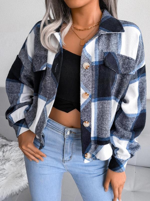 Women's Plaid Print Collared Long Sleeve Button Front Jacket, Jacket for Women, Pocket Design Drop Shoulder Button Up Outerwear, Women's Clothing 2