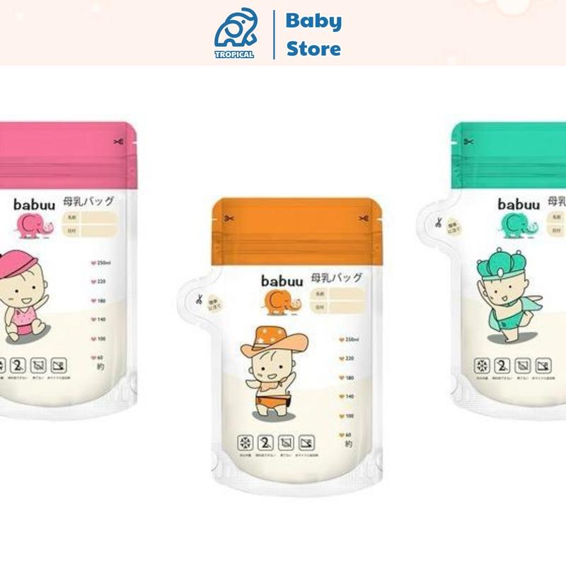 Hộp 50 túi trữ sữa Nhật Bản 250ml Babuu Baby tiện lợi cho mẹ có vòi ( mẫu mới ) Đựng Sữa Bột Voi Dâu 0
