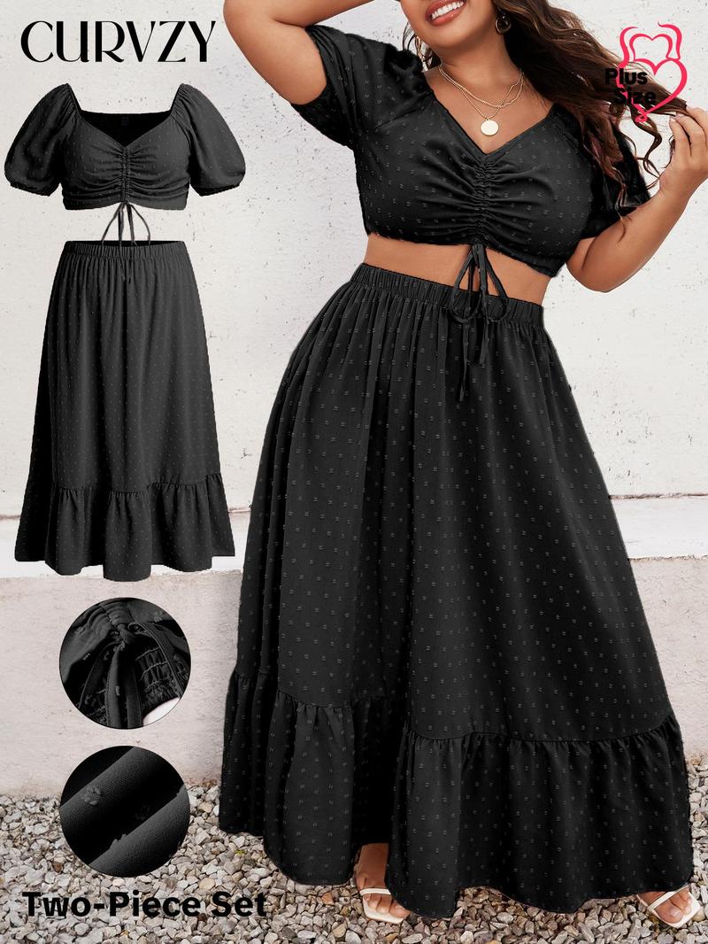 Product Introduction of CURVZY Plus Size Ruched Shirred Puff Sleeve Blouse & Ruffle Hem Skirt Set, Boho Swiss Dot Drawstring Sweetheart Neck Top & Long Skirt For Beach, Co Ords for Women, Women's Two-Piece Outfits For Summer & Autumn 7