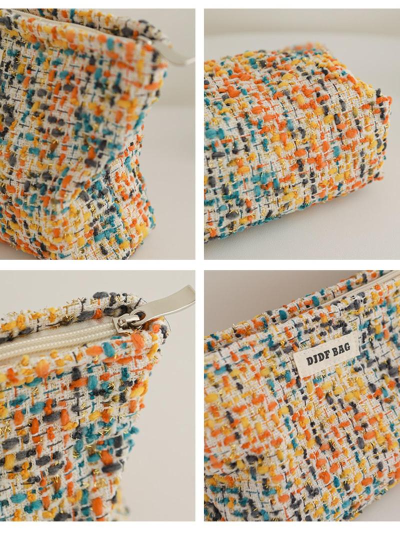 Product Introduction of Fashionable Tweed Decor Makeup Bag, Large Capacity Cosmetic Storage Bag, Portable Toiletry Bag for Women & Girls, Casual Trendy Versatile High-quality Daily Bag 6